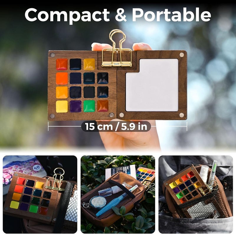 Funto Mini Watercolor Paint Set, All-in-One Walnut Wood 15-Color Premium Pocket Travel Paint Kit, with Crossbody Bag,Watercolor Journal, Metal Clip, Paint Water Cup, Water Brush Ideal for Art Lovers - Image 5